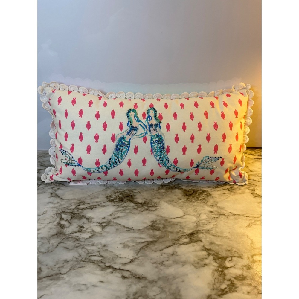 Lilly Pulitzer Pottery Barn Exclusive Mermaid Coral Pillow Throw Beaded 12x24
